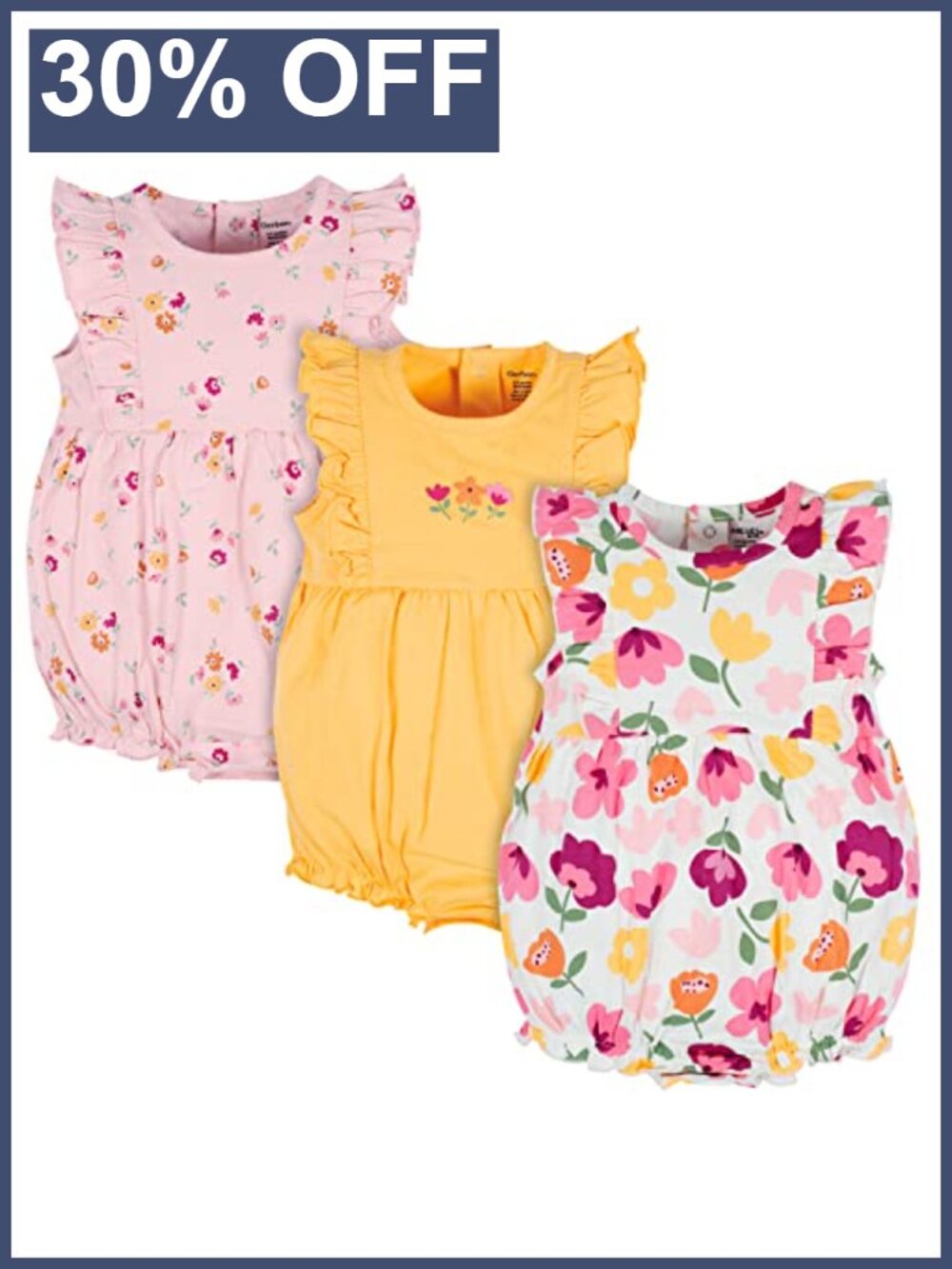 Baby Girls 3-Pack Romper Cotton Short Sleeve Snap Closure